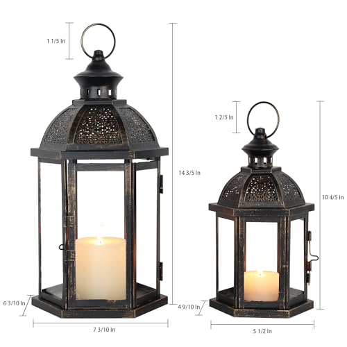 Large Lantern Decorative Outdoor & Indoor, Set of 2 (15’’&11’’) Metal Candle Lanterns Decor, Vintage Hanging Candle Holder for Front Porch Patio Wedding Farmhouse Home, Spring Decoration - color: Black / 14.6''h+10.8''h