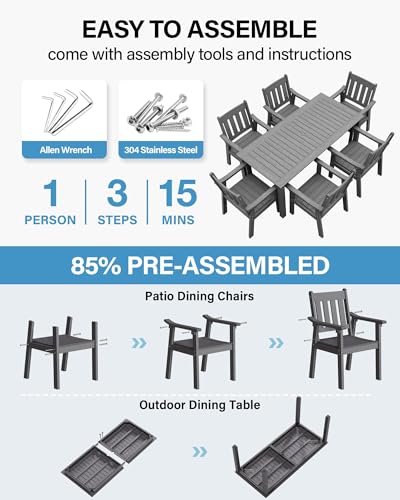 YEFU Outdoor Dining Table for 6: All Weather Rectangular Patio Table with Umbrella Hole and Aluminum Frame - Outdoor Furniture for Outside Backyard/Garden/Pool/Porch/Deck, 300lbs Capacity, Grey - color: Dark Grey, size: 1 Table