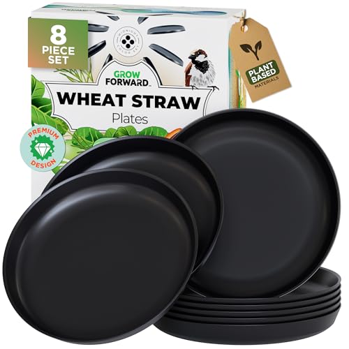 Grow Forward Premium Wheat Straw Plates - 10 Inch Reusable Hard Plastic Dinner Plates Set of 8 - Unbreakable Microwave Safe Plates for Dessert, Camping, RV, Outdoors, Patio, Kitchen Dishes - Midnight - color: Midnight Black, size: 10 inch