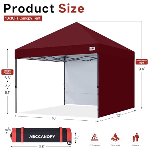 ABCCANOPY Easy Pop up Canopy Tent with 2 Sidewalls for Outdoor Sun Blocking or Rain Protection,10x10, Burgundy - color: Burgundy, size: 10x10