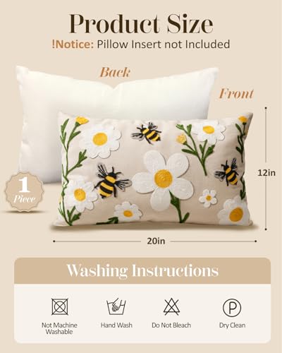 Embroidered Lumbar Pillow Cover 20x12 Inch - Spring Summer Boho Decorative Pillow Cover with Zipper for Living Room Couch Sofa Bed Aesthetic Design Flower Bee Cushion Pillowcase - color: Flower Bee, size: 20" x 12" (Pack of 1)
