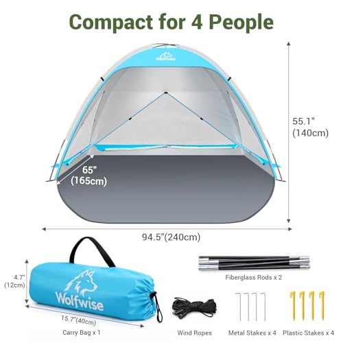 Wolfwise Large Beach Tent Sun Shelter for 3-4 Person, Spacious Sun Shade UPF 50+ UV Protection, Extendable Floor for Privacy, 3 Ventilated Mesh Windows, Portable with Carrying Bag, 95 ″x65″x55″, Blue - color: Blue