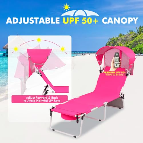 Wheel-To-Go Tanning Chair with Wheels Sun Canopy Umbrella Face Hole Thicker Washable Adjustable, Heavy Duty Folding Sun Lounge Chair Beach Outside Sunbathing Reading, UPF 50+, Pink (Patent Design) - color: Pink, style: Standard Size + Sun Canopy Style