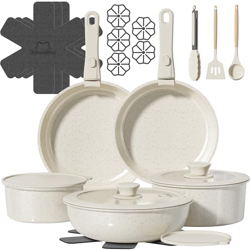 23 Pcs Pots and Pans Set Non Stick, Ceramic Cookware Set Non Toxic with Detachable Handles, Healthy Induction Cookware Oven Safe RV Kitchen Set, PFAS PFOA & PTFE Free, Cream White - size: 23pcs