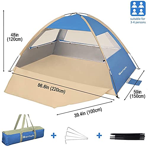 Gorich Beach Tent Sun Shelter for 3/4/6/8/10 Person with UPF 50＋ UV Protection, Lightweight & Easy Setup Beach Shade Canopy, Portable Beach Shade Tent Beach Cabana - color: Sapphire Blue, size: 3 Person