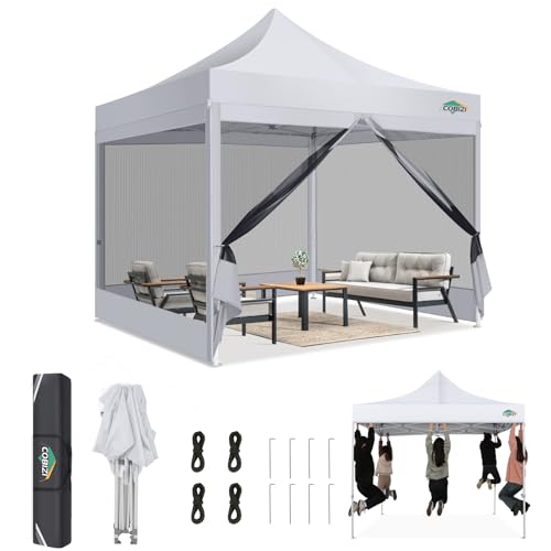 COBIZI Canopy Tent 10x10 Heavy Duty Pop Up Canopy with Sidewalls Waterproof,Easy to Set up Gazebo with Mosquito Netting Outdoor Mesh Screen Tents for Parties Wedding Party with Carry Bag, White - color: White, size: 10x10FT