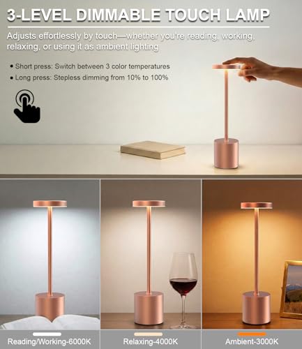 Cordless Table Lamps Rechargeable Set of 2, Portable LED Desk Lamp, 5000mAh Battery Powered Wireless Table Light - 3 Color Dimmable Lighting for Restaurant Dining Patio Outdoor Bedroom(Rose Gold) - color: Rose Gold (Set of 2)