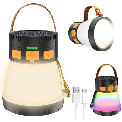 LED Camping Lantern, 1500 Lumens Spotlight Flashlight Rechargeable with Solar Panel Charging, Waterproof Spot Light, 8 Light Modes, 7500mAh, Camping Flashlight for Emergency, Orange&Brown - size: Orange&Brown