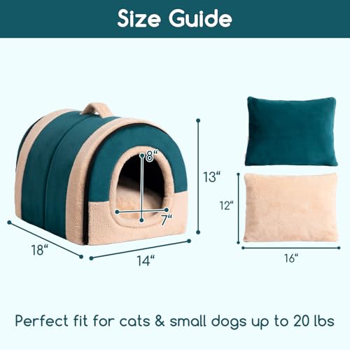 Hollypet Cat Bed Self-Warming 2 in 1 Foldable Kitty Cave Hut House Nest Pet Sleeping Bed, Crystal Velvet Pet Condo for Indoor Cats, Green Arched Cave - color: Green Arched Cave