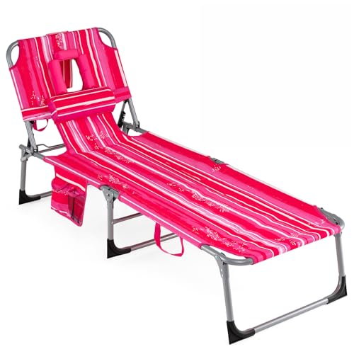 COSTWAY Tanning Chair with Face Hole, Folding Beach Lounge Chair with 4-Position Adjustable Backrest, Pillow & Side Pocket, Foldable Chaise Lounge Chair Outdoor for Sunbathing, Camping (1, Pink+White) - color: Pink+white
