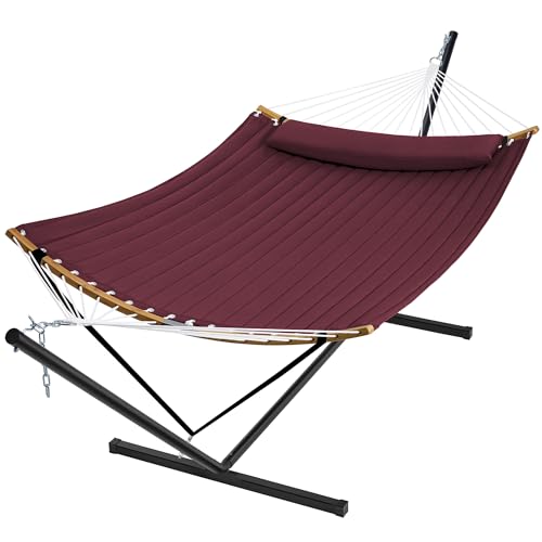 SUPERJARE Curved-Bar Hammock with Stand, 2 Person Heavy Duty Hammock Frame, Detachable Pillow & Portable Carrying Bag, Perfect for Outdoor & Indoor, Burgundy - color: Burgundy