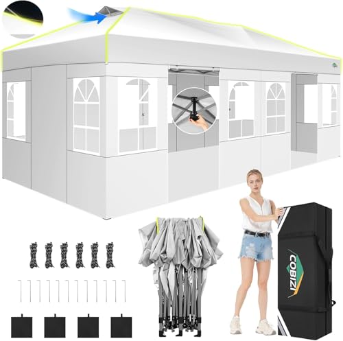 COBIZI 10x20 Pop Up Canopy Tent, Outdoor Party Tent with 6 Sidewall One Push Setup Glow, 3 Adjustable Height Air Vent Waterproof UPF50+, Bag, 4 Sandbag, 6 Stake, 12 Rope for Beach, Commercial - color: White, size: 10x20