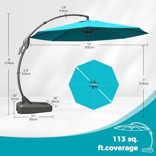 Grand patio 12 FT Sunbrella Cantilever Umbrella with Base Outdoor Aluminum Offset Umbrella with Tilt Adjustment (Aruba, 12 FT-SUNBRELLA) - color: Aruba-SUNBRELLA, size: 12 FT