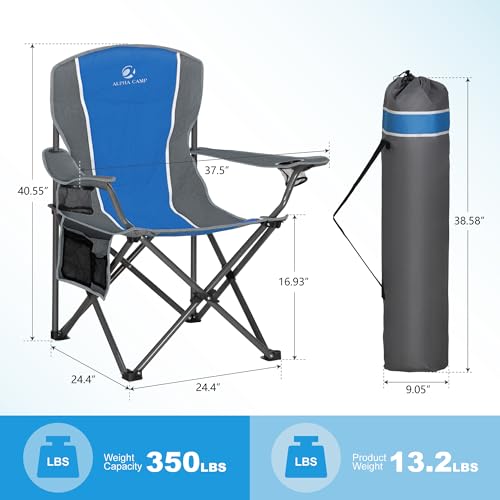 LET'S CAMP Oversized Outdoor Folding Camping Chair, 2 Pack Heavy Duty Arm Chairs with Cup Holder and Storage Bag, 350 LBS Weight Capacity, Blue - color: Blue Grey, size: 2 Packs