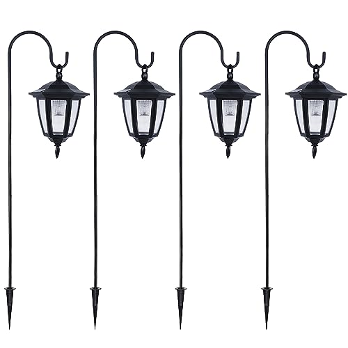 Dynaming 4 Pack Solar Hanging Lights Outdoor, Solar Powered Garden Decorative Lanterns with 4 x 38 Inch Shepherd Hooks, Waterproof Landscape Lighting for Lawn Patio Yard Pathway Driveway, Warm White - size: 4 Pack
