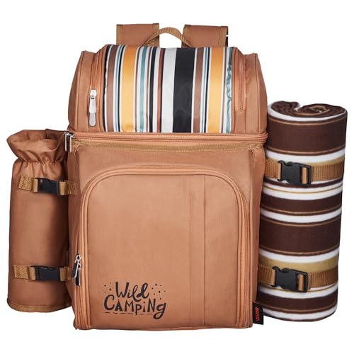 VEVOR Picnic Backpack, Beach Picnic Backpack Bag for 4 Person with Insulated Cooler Compartment, Detachable Bottle/Wine Holder, Lightweight Blanket, Plates and Cutlery Set for Hiking & Camping, Brown - size: double layer for 4 & browne