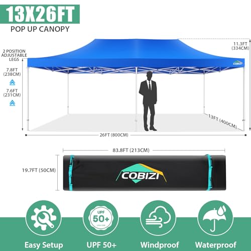 COBIZI 13x26 Heavy Duty Pop Up Canopy with 6 Sidewalls Party Tent Outdoor Wedding Large Event Tent with Roller Bag for Garden Lawn Waterproof UPF 50+ Easy Up, Blue (Framework Upgraded) - color: Blue, size: 13x26 With 6 Sidewalls