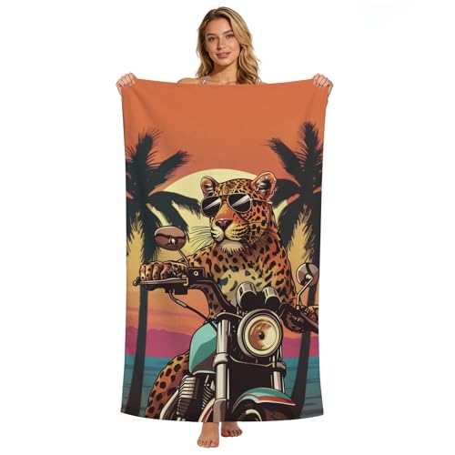Microfiber Leopard Towels, Funny Leopard Riding Motorcycle Beach Towels for Kids Adults, Quick Dry Sand-Free Motocross Cheetah Print Bath Towels for Bathroom Swimming, Oversized 32x52 - color: Leopard