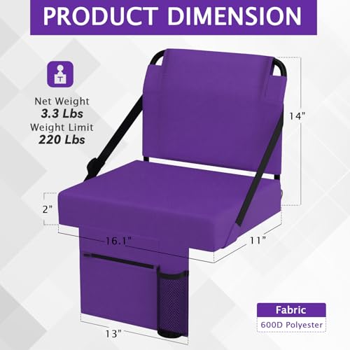 2pcs Stadium Seat for Bleachers with Back Support，Portable Bleacher Chairs with Back and Cushion，Includes Shoulder Strap and Cup Holder - color: Purple,2 Pack