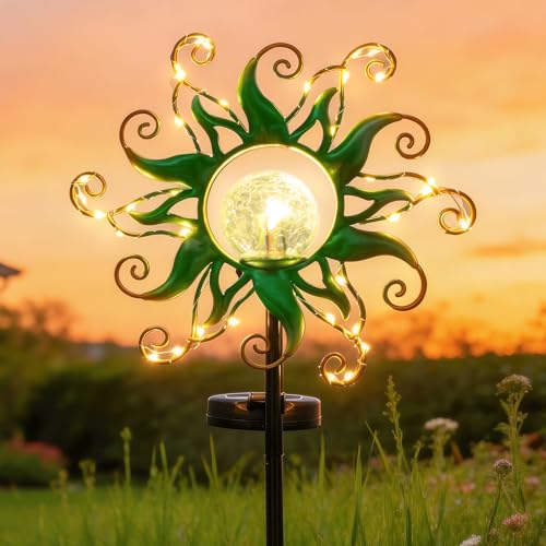 Solar Garden Lights Outdoor, Green Metal Sun Stake with 30 LED Waterproof Vine String Crackle Glass Spring Decor for Patio,Yardr,Lawn Gardening Birthday Gifts - color: Green