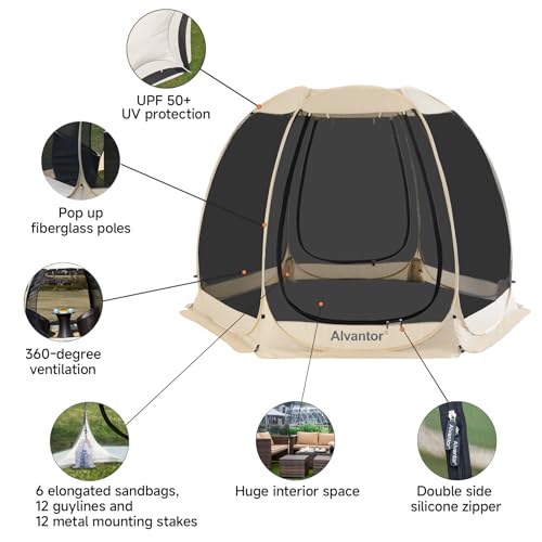 Alvantor® Screen House Room Camping Tent Outdoor Canopy Pop Up Sun Shade Hexagon Shelter Mesh Walls Not Waterproof 10'x10' Beige Patent Pending - color: Beige, size: 10'x10'