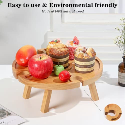 Wooden Folding Picnic Table with Wine Glass Holder - Portable Creative 2 in 1 Wine Glass Rack & Compartmental Dish for Cheese and Fruit for Outdoor, 11.81D x 11.81W x 6.29H in