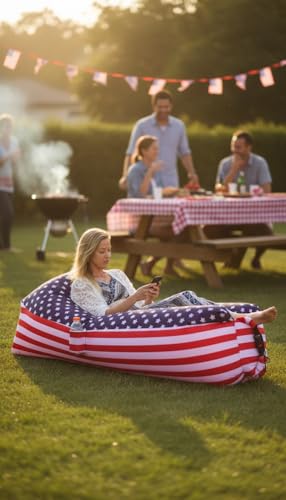 Inflatable Lounger with No-Pump Setup, Floating Portable Air Chair, Ripstop Polyester, Stability Peg for Beach, Camping, Festivals, Tailgating (American Flag) - style: American Flag