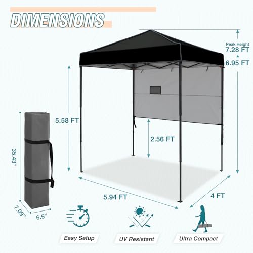 EAGLE PEAK 6x4 Instant Pop Up Canopy Tent with 1 Half Wall Panel, Straight Leg Sun Shelter, Portable Canopy with Carry Bag for Camping, Beach & Sports, Black - color: Black, size: Half Wall