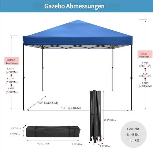 COBIZI Waterproof Stable Winterproof Pavilion with Bag with Wheels,Pop Up Folding Pavilion Party Tent,1 Person Install Sun Protection Garden Pavilion for Beach Wedding Camping - color: White, size: 8x8 ft (Without Sidewalls)
