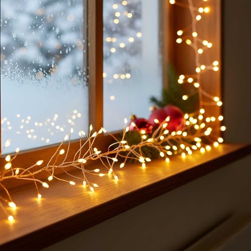 QBIS 240 LED Christmas Cluster Lights, 10ft Warm White Fairy Lights on Copper Wire, Plug in, Christmas Tree Lighting, Firecracker Light String Indoor Outdoor use, Window, Fireplace, Stair Decoration - size: 240 LED - Copper Wire - Mains Plug