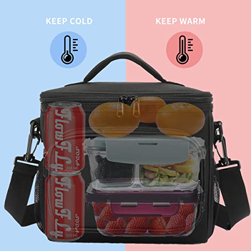 FlowFly Insulated Reusable Lunch Bag Adult Large Lunch Box for Women and Men with Adjustable Shoulder Strap,Front Zipper Pocket and Dual Large Mesh Side Pockets, Black - color: Black