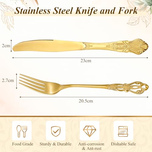 Dandat 60 Pcs Forks and Knives Cutlery Set Stainless Steel Steak Knives Forks Flatware Royal Silverware Set for Wedding Party Restaurant Dishwasher Safe (Gold)