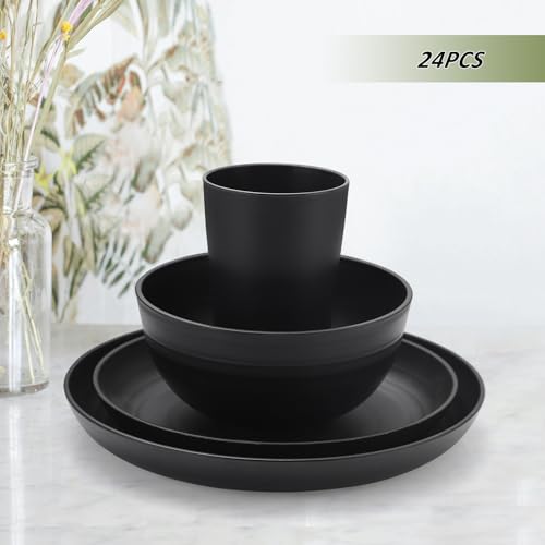 24 Piece Wheat Straw Dinnerware Sets of 6, Kitchen Plates and Bowls Sets, Unbreakable Plastic Dish Set for Camping, Dishwasher Microwave Safe, Kitchen and Dinning Essentials, Black - color: Black, size: 24piece Wheat Straw Dinnerware Sets