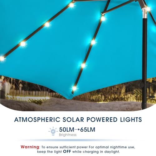 wikiwiki 9FT Solar Led Patio Umbrella with Base Included, 32 LED Lights, 8 Sturdy Ribs, Fade Resistant Waterproof POLYESTER DTY Canopy for Garden, Lawn, Deck, Backyard & Pool, Sky Blue - color: Sky Blue, size: 9FT