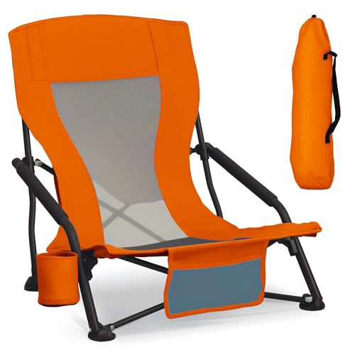 Portable Folding Beach Chair for Adults - Lightweight Low Back Sling Chair with Cup Holder & Storage Pocket, 300lbs Capacity Camping Chair for Outdoor, Lawn (Bright Orange, 1 pcs) - color: Bright Orange, size: 1 pcs