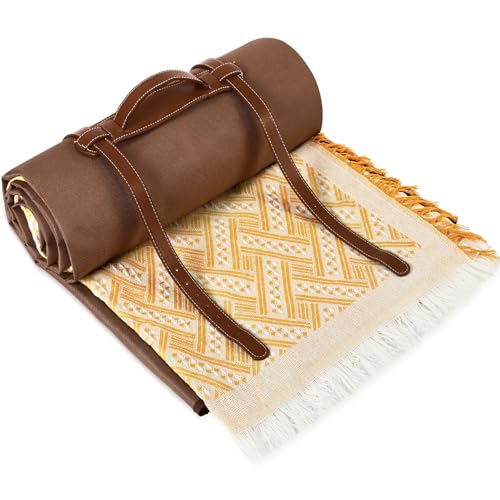 VitalCozy Waterproof Picnic Blankets 71×71 inch Outdoor Blanket Foldable 2 in 1 Double Layer Sandproof Beach Mat with Carry Strap for Camping Lawn Park Beach Grass(Yellow) - color: Yellow White