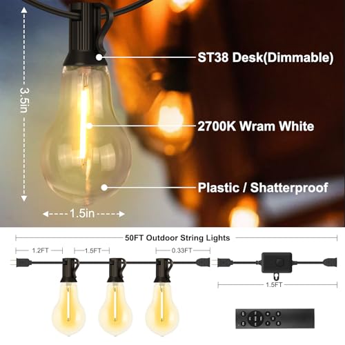 50FT Outdoor String Lights Waterproof with 32+2 Bulbs (1.5FT Bulbs Spacing), Remote & Dimmer, Commercial Patio String Lights with 3 Mode Light & Timing, 50PC Mounting Ties for Outside - size: 50ft With Remote