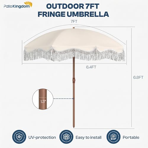 7ft Patio Umbrella with Fringe, Boho Beach Umbrellas, Outdoor Tassels Umbrellas with Push Button Tilt & Carrying Bag, 8 Windproof Fiberglass Ribs, UPF50+ - color: Creamy-white