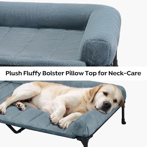 Veehoo Orthopedic Elevated Dog Bed with Fluffy Plush Bolster Cushion, Indoor Raised Dog Beds for Large Dogs, Soft Pet Sofa Cot with Removable Washable Mat, No-Slip Feet, 59 x 37 inches, Haze Blue - color: Haze Blue, size: 59.0"L x 37.0"W x 9.0"Th