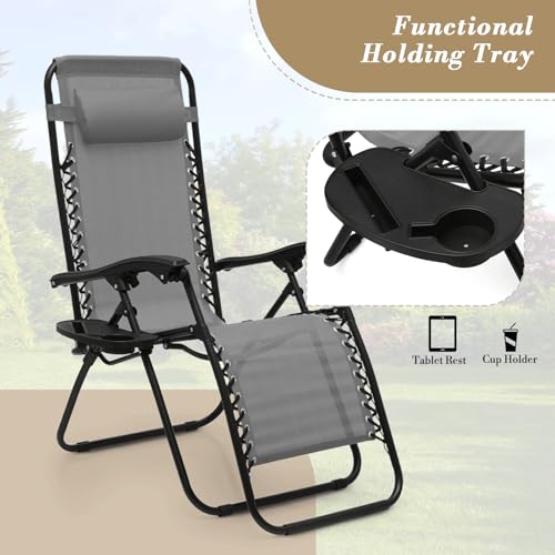 Athena Collection Zero Gravity Outdoor Lounge Chair Set of 2 with Side Table, 25" Width Pool Lounge Lawn Chairs Reclining with Cup Holder, Outdoor Chaise for Beach Patio Backyard Outside, Grey - color: Grey, style: 25" Width