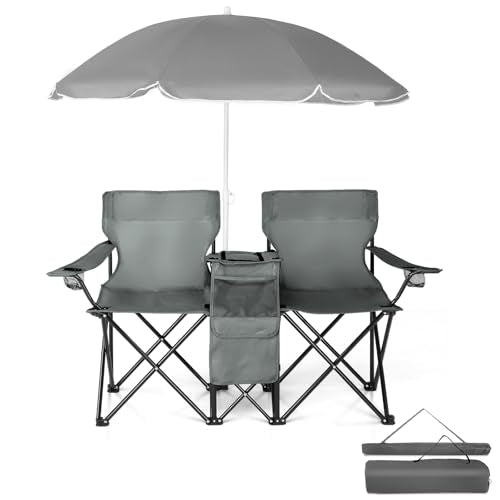 Double Folding Camping Chair W/Umbrella Fold Up Table Beverage Holder Carrying Bag Cooler for Patio Pool Park Outdoor Beach, Picnic, Portable (Grey) - color: Grey