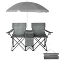 Double Folding Camping Chair W/Umbrella Fold Up Table Beverage Holder Carrying Bag Cooler for Patio Pool Park Outdoor Beach, Picnic, Portable (Grey) - color: Grey