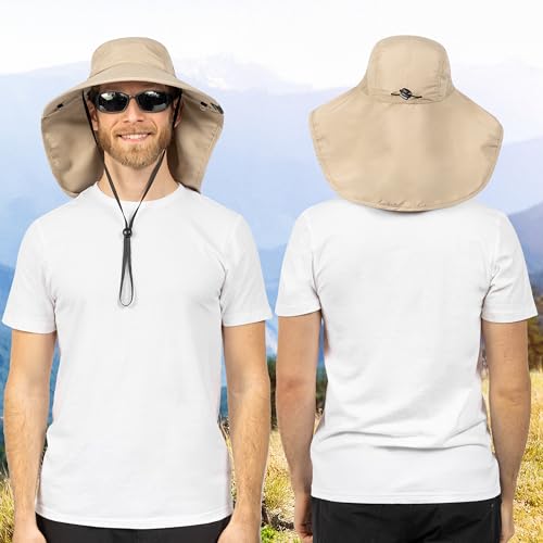 SUN CUBE Wide Brim Sun Hat with Neck Flap, UPF50+ Hiking Safari Fishing Hat for Men Women, Sun Protection Beach Hat - color: Tan