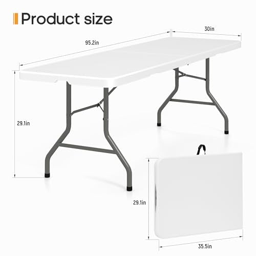 8Ft Foldable Table Portable Plastic Folding Table with Safety Locks, Lightweight & Durable for Parties, Dining, Weddings, Events, Picnics,Indoor & Outdoor Use (White, 8FT) - color: White, size: 8Ft