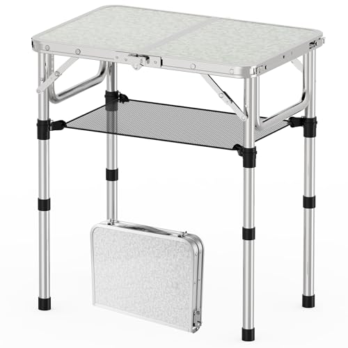 YihuiKo Folding Camping Table, Aluminum 24" x 16" Adjustable Height Max 27.5" with Carrying Handle, Lightweight, Portable Camping Table for Outdoor Indoor Picnic Beach, Silver - size: 24"L x 16"W x 27"H Silver