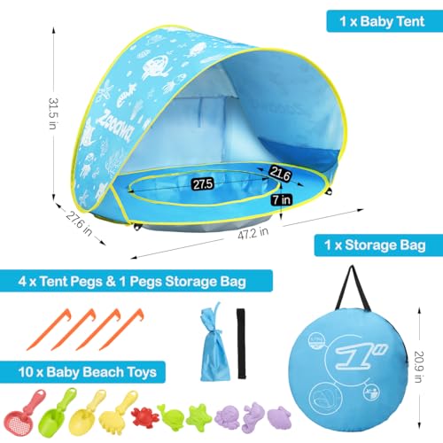Baby Beach Tent, Pop Up Beach Tent Sun Shade for Beach, Portable Shade Pool UV Protection Sun Shelter for Infant with Beach Sand Toys Set - color: Patterned Blue