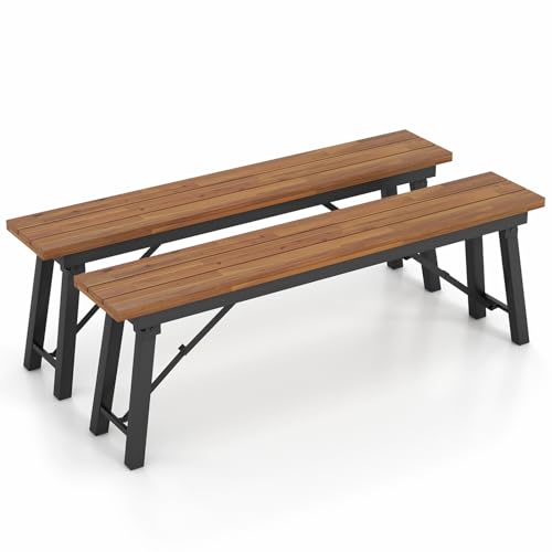 Tangkula Outdoor Folding Bench Set of 2, 55” 2-3 Person Acacia Wood Backless Patio Dining Bench, No Assembly Weatherproof Picnic Bench, Collapsible Benches for Porch, Yard, Poolside, Balcony
