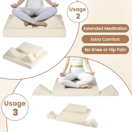 Meditation Cushion Set, Meditation Pillow for Sitting on Floor, Large Yoga Pillow with Knee Support, Washable Zafu Meditation Mat, 3 Shapes Floor Pillow for Adults, Beige - color: Beige