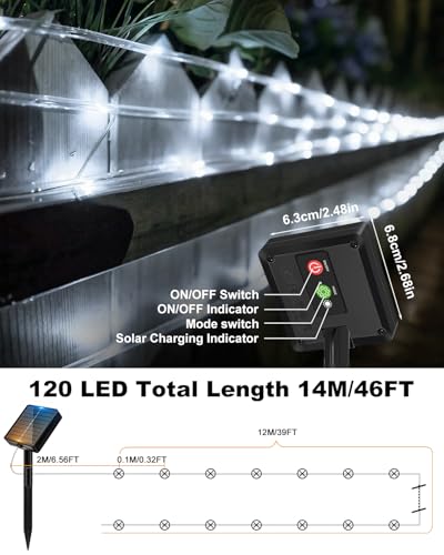 btfarm Solar Rope Lights Outdoor, 120LED 46FT Solar String Lights Outside Waterproof, 8 Lighting Modes Tree Tube Fairy Light Solar Powered for Garden Christmas Yard Party Decorations, Cool White - color: Cool White, size: 1 Pack