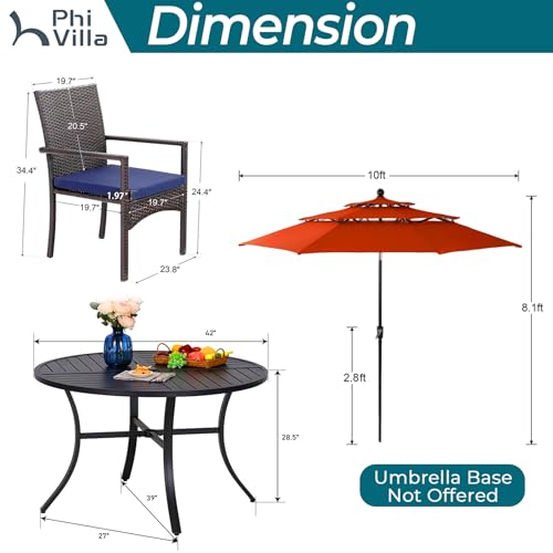 PHI VILLA 5 Pieces Outdoor Dining Set with Umbrella for 4, Round Metal Iron Dining Table & Wicker Chairs with Cushions & Large Red Umbrella, Morden Dining Furniture for Patio, Deck, Yard, Porch - color: Red, size: 5PCS 42" Round Table